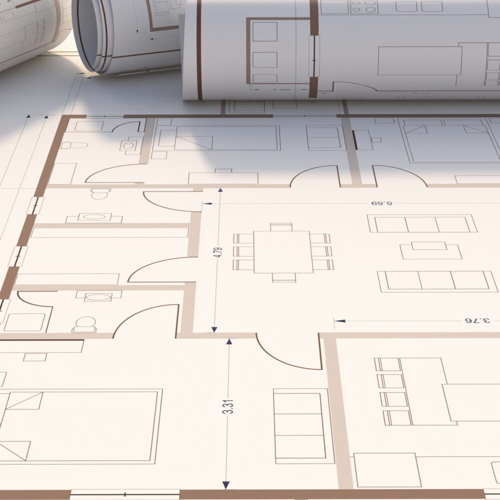 Real estate, housing project construction concept. Residential building blueprint plans, copy space, banner. 3d illustration